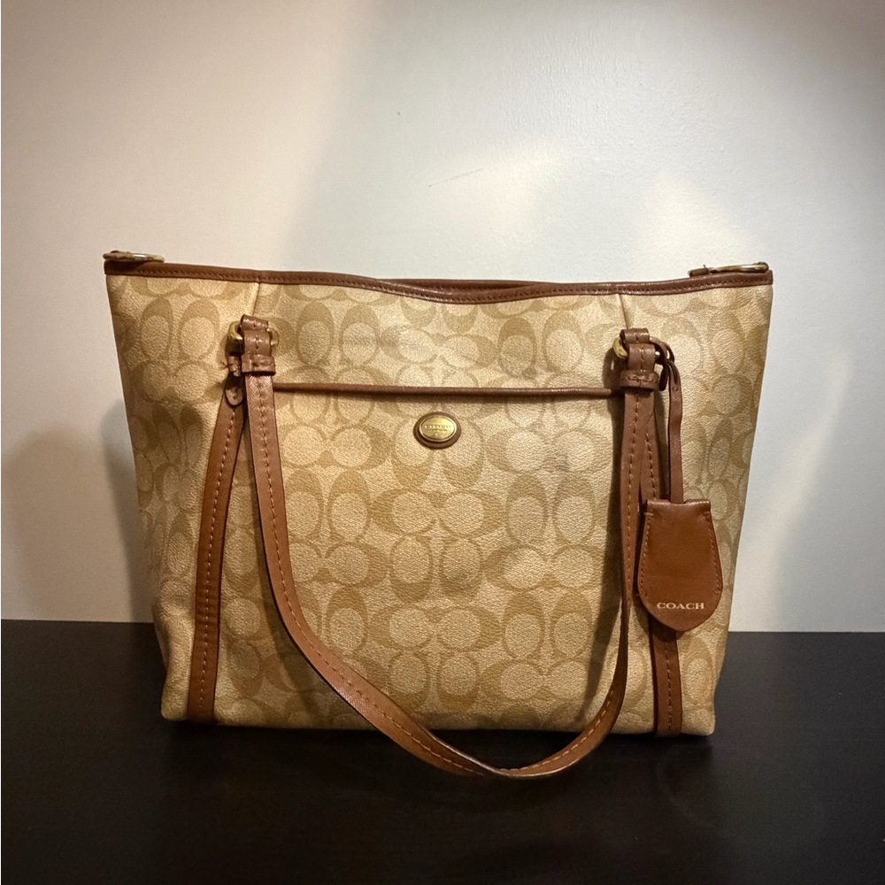 COACH Signature Canvas Tote in Tan and Brown Leather